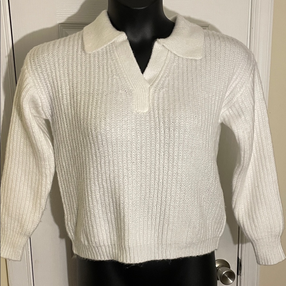ZENANA Soft Ribbed White Collared Sweater S